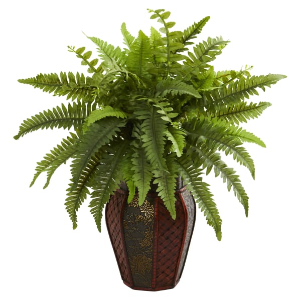 Nearly Natural 20inH Boston Fern Artificial Plant With Decorative Planter, 20inH x 14inW x 14inD, Brown/Green