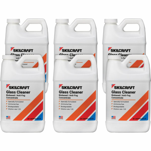 SKILCRAFT Heavy-Duty Glass Cleaner - For Window, Mirror, Chrome, Glass - Concentrate - Liquid - 64 fl oz (2 quart) - 6 / Box - Heavy Duty, Quick Drying, Anti-fog, Non Ammoniated, Bio-based - Clear