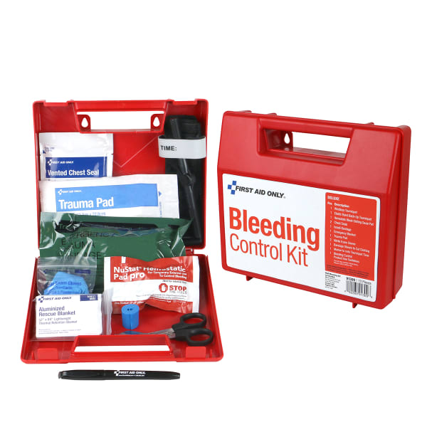 First Aid Only Bleed Control Wall Station Deluxe Kit, 8-1/4inH x 9inW x 2-1/2inD, Red