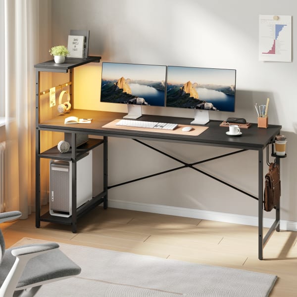 Bestier Gaming Computer Desk With RGB LED Lights And 4-Tier Storage Shelves, 61inW, Black Grained
