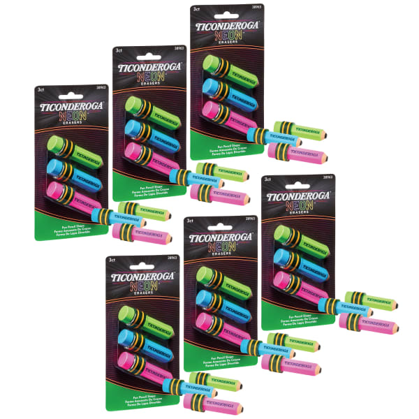 Ticonderoga Pencil-Shaped Erasers, 3in x 3/4in, Neon, 3 Erasers Per Pack, Set Of 6 Packs