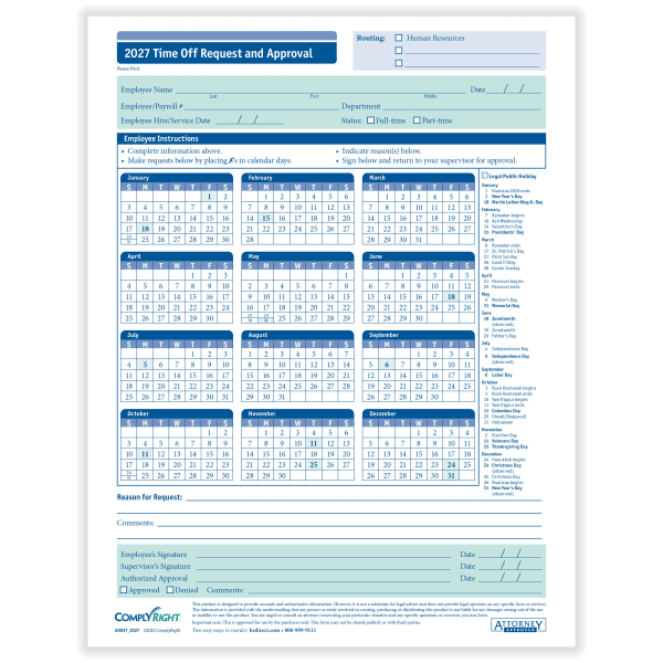 ComplyRight 2025 Time Off Request And Approval Calendars, 8 1/2in x 11in, Pack Of 50