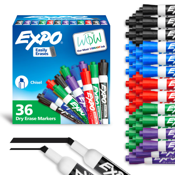 EXPO Low-Odor Dry-Erase Markers, Chisel Point, Assorted Colors, Pack Of 36
