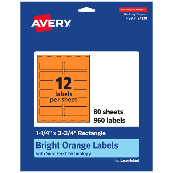 Avery Print-To-The-Edge Labels With Sure Feed Technology And Easy Peel, 94228-BOP80, Rectangle, 1-1/4in x 3-3/4in, Matte Bright Orange, Pack of 960