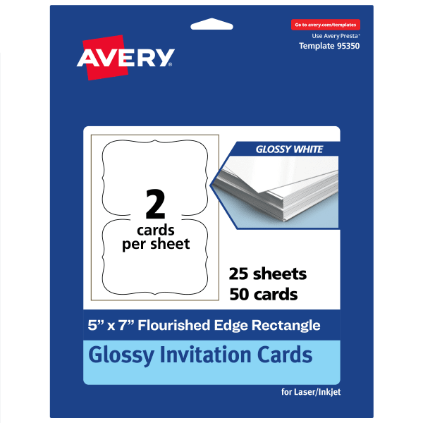 Avery Printable Invitation Cards, 5in x 7in Rectangle Flourished Edge, Glossy White, Pack Of 50
