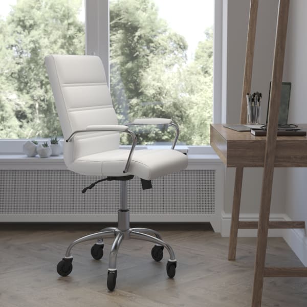 Flash Furniture Camilia Ergonomic Faux Leather Mid-Back Executive Swivel Office Chair With Arms, White/Chrome