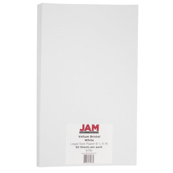 JAM Paper Vellum Bristol Card Stock, White, Legal (8.5in x 14in), 67 Lb, Pack Of 50