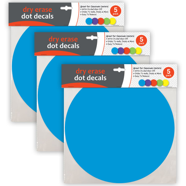 C-Line Dry-Erase Dot Decals, 11in x 11in, Assorted Colors, 5 Decals Per Pack, Set Of 3 Packs