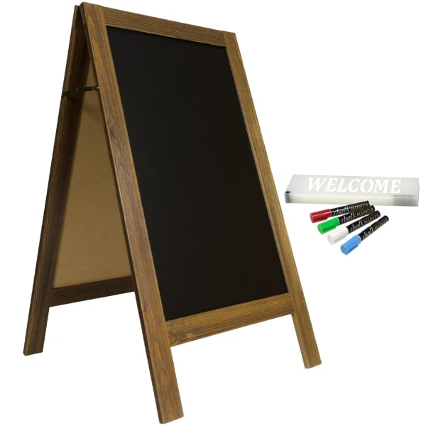 Excello Global Products Double-Sided A-Frame Magnetic Indoor/Outdoor Chalkboard Sign, Porcelain, 40in x 22in, Brown Wood Frame