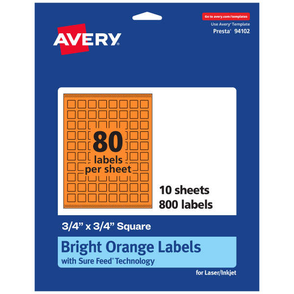 Avery Print-To-The-Edge Labels With Sure Feed Technology And Easy Peel, 94102-BOP10, Square, 3/4in x 3/4in, Matte Bright Orange, Pack of 800