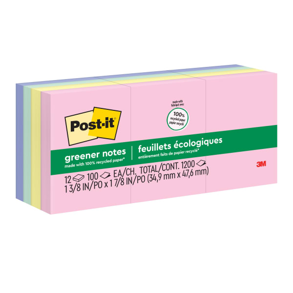 Post-it Greener Notes, 12 Pads, 1 3/8 in x 1 7/8 in, 100% Recycled, Clean Removal, School Supplies and Office Products, Sticky Notes for Vertical Surfaces, Monitors, Walls and Windows, Sweet Sprinkles Collection