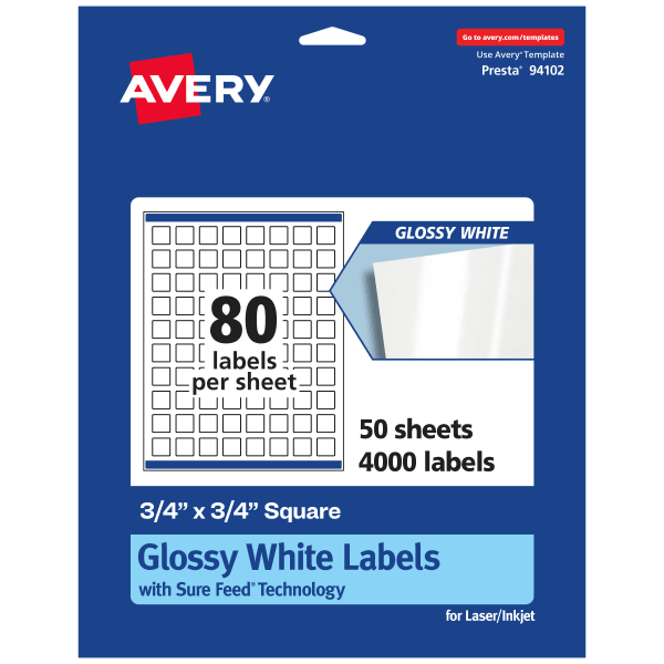 Avery Glossy Permanent Labels With Sure Feed, 94102-WGP50, Square, 3/4in x 3/4in, White, Pack Of 4,000