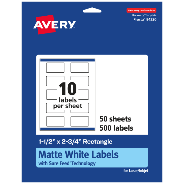 Avery Permanent Labels With Sure Feed, 94230-WMP50, Rectangle, 1-1/2in x 2-3/4in, White, Pack Of 500
