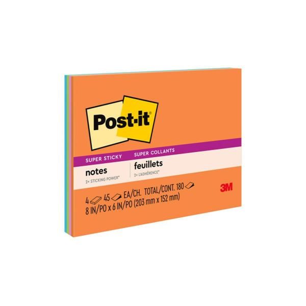 Post-it Super Sticky Notes, 4 Pads, 8 in x 6 in, 2x the Sticking Power, School Supplies and Office Products, Sticky Notes for Vertical Surfaces, Monitors, Walls and Windows, Energy Boost Collection