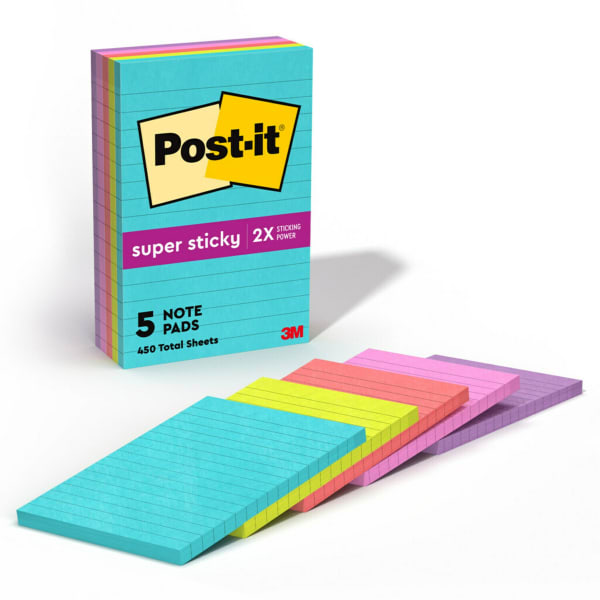 Post-it Super Sticky Notes, 5 Pads, 4 in x 6 in, 2x the Sticking Power, School Supplies and Office Products, Sticky Notes for Vertical Surfaces, Monitors, Walls and Windows, Supernova Neons Collection, Lined