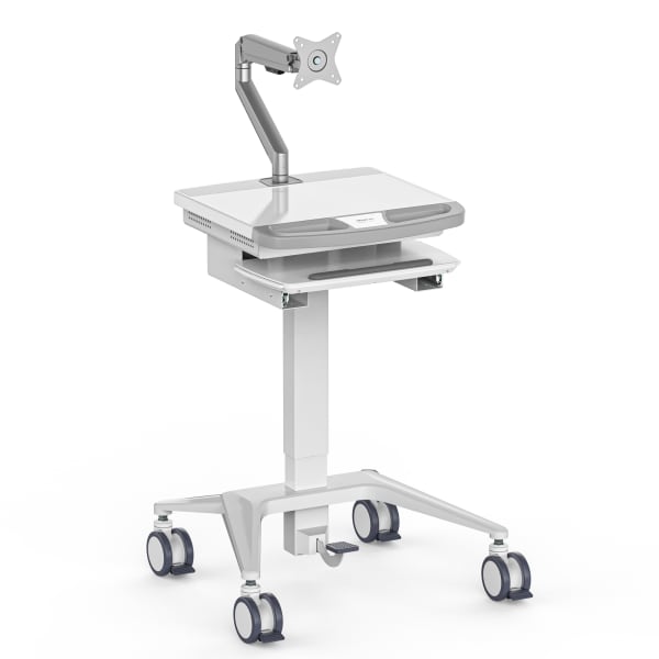 Mount-It! MedHub Mobile Medical Cart Workstation With Spring Arm Monitor Mount, 62-5/8inH x 25-5/8inW x 21-3/4inD, White/Gray