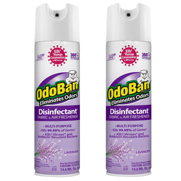 OdoBan Ready-to-Use 360-Degree Continuous Spray Disinfectant Cleaner and Odor Eliminator, Lavender Scent, 14.6 Oz, Set Of 2 Spray Cans