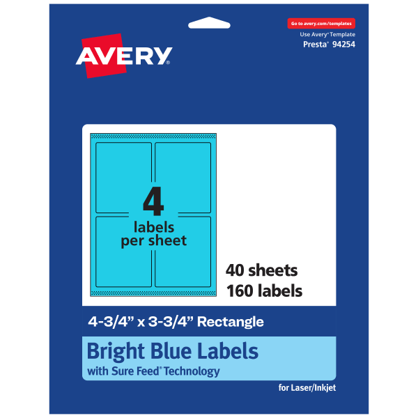 Avery Print-To-The-Edge Labels With Sure Feed Technology And Easy Peel, 94254-BBP40, Rectangle, 4-3/4in x 3-3/4in, Matte Bright Blue, Pack of 160