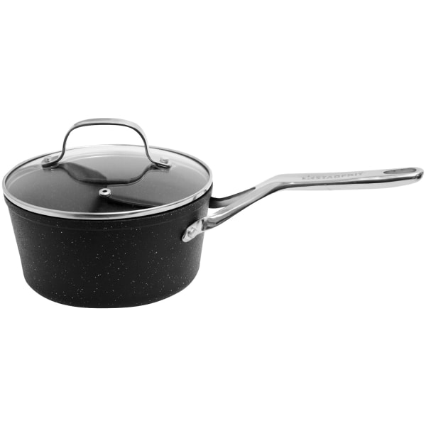 THE ROCK By Starfrit Aluminum Nonstick Saucepan With Glass Lid & Stainless Steel Handles, 3 Qt, Black
