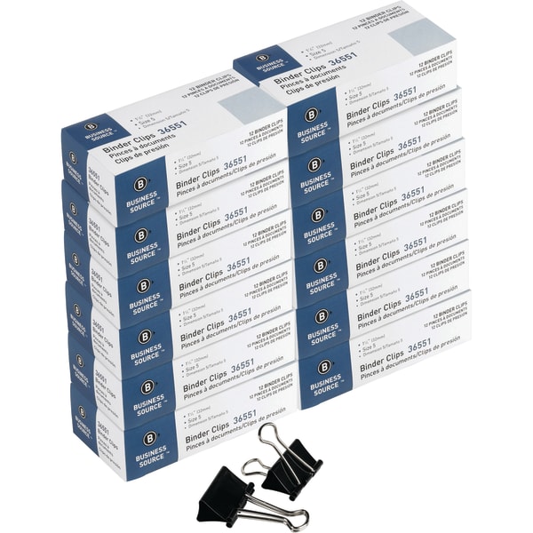 Business Source Fold-Back Binder Clips, Medium, 1-1/4in Wide, 5/8in Capacity, 12 Clips Per Box, Case Of 120 Boxes