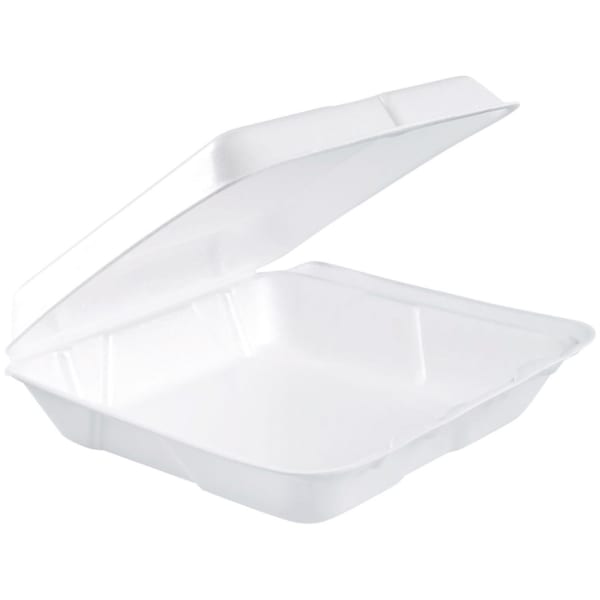 Dart Foam Hinged-Lid Containers, 2-1/4inH x 7-1/2inW x 8inD, White, Carton Of 200 Containers