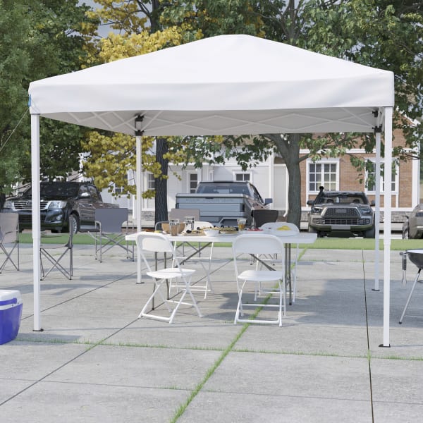 Flash Furniture Portable Tailgate/Event Tent Set - 10ftx10ft Pop Up Canopy Tent, 6-Foot Bi-Fold Table, Set of 4 Folding Chairs, White