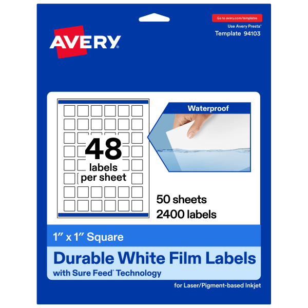 Avery Waterproof Permanent Labels With Sure Feed, 94103-WMF50, Square, 1in x 1in, White, Pack Of 2,400