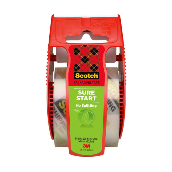 Scotch Sure Start Shipping Tape, 1 Tape Roll with Dispenser, 1 7/8 in x 22.2 yd, 1.5in Core, Designed for Packing, Shipping and Mailing, Quiet Unwind, No Splitting or Tearing, Clear