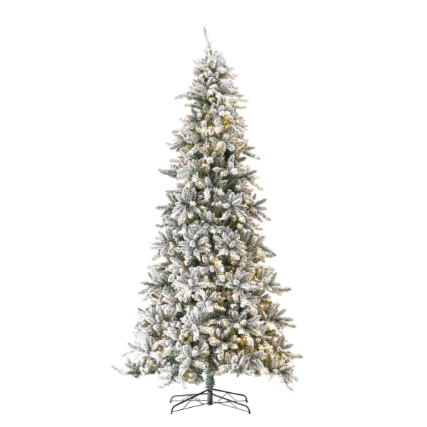 Nearly Natural Flocked Livingston Fir 132inH Artificial Christmas Tree With Pine Cones, LED Lights And Bendable Branches, 132inH x 34inW x 34inD, Green
