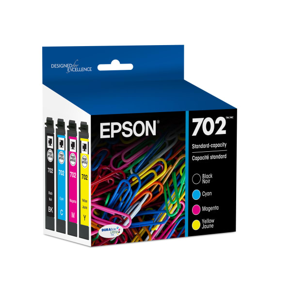 Epson 702 DuraBrite Ultra Black And Cyan, Magenta, Yellow Ink Cartridges, Pack Of 4, T702120-BCS
