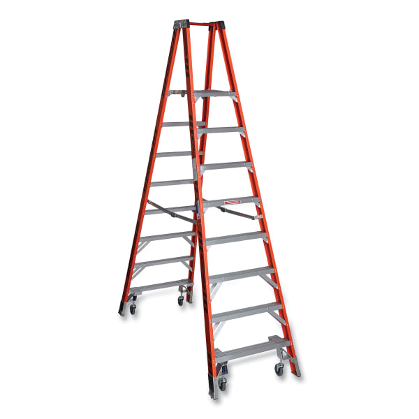 Werner Reach Height Platform Ladder With Casters, 300 Lb Capacity, 14ft Reach, 120in x 32-1/4in x 9-5/8in, Orange/Red