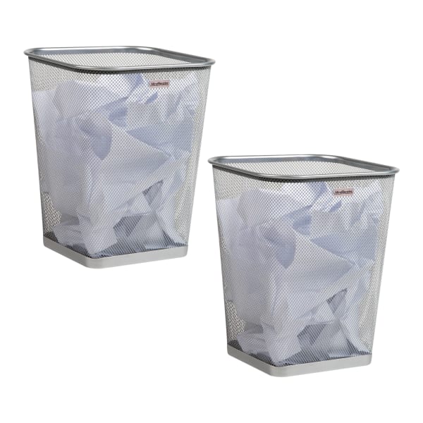 Mind Reader Metal Trash Can Square Waste Paper Basket, 12 1/4inH x 9 3/4inW x 9 3/4inD, Silver, Set of 2