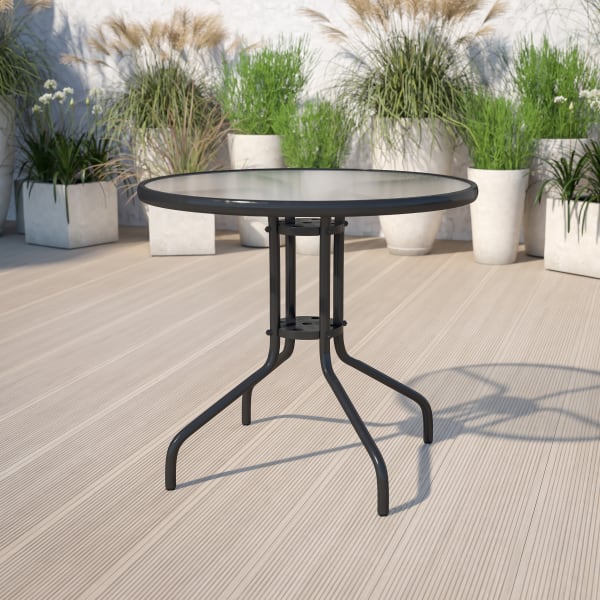 Flash Furniture Bellamy Round Tempered Glass Metal Outdoor Furniture Table, 28inH x 31-1/2inW x 31-1/2inD, Clear/Black