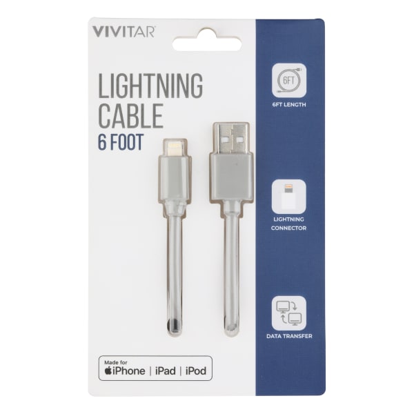 Vivitar Lightning To USB-A Cable, 6ft, Gray, NIL1006-GRY-STK-24