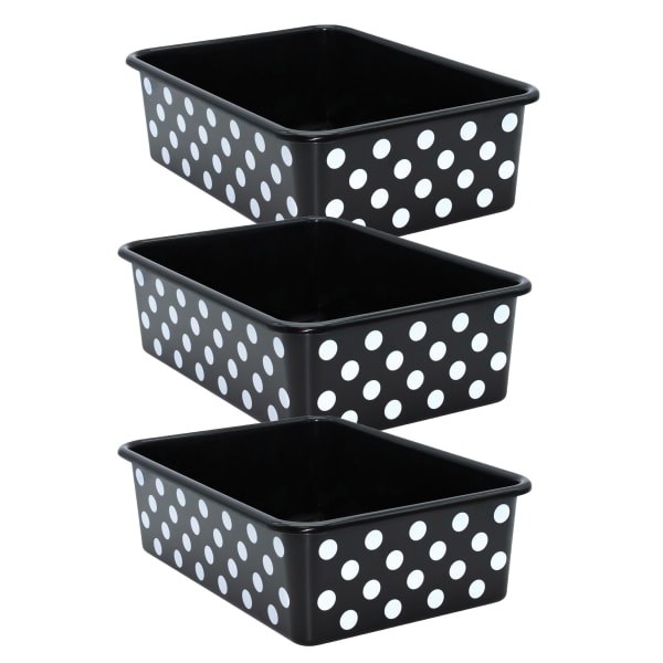 Teacher Created Resources Plastic Storage Bin, Large, White Polka Dots on Black, Pack Of 3
