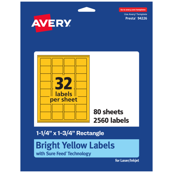 Avery Printable Labels With Sure Feed Technology, 94226-BYP80, Rectangle, 1-1/4in x 1-3/4in, Matte Bright Yellow, Pack of 2560