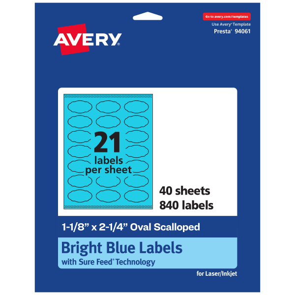 Avery Print-To-The-Edge Labels With Sure Feed Technology And Easy Peel, 94061-BBP40, Oval Scalloped, 1-1/8inx2-1/4in, Matte Bright Blue, Pack of 840