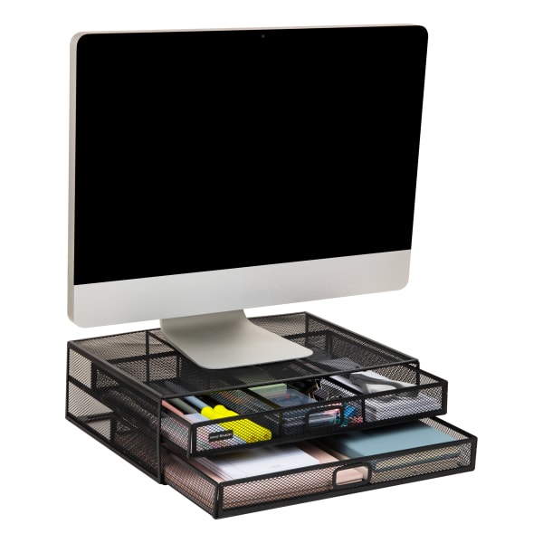 Mind Reader Metal Monitor Stand Ventilated Laptop Riser Storage Drawer, 4-1/2inH x 11-3/4inW x 15-3/4inD, Black