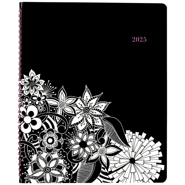Cambridge FloraDoodle 2025 Weekly Monthly Appointment Book Planner, Black/White, Large, 8 1/2in x 11in