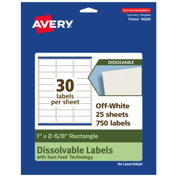 Avery Dissolvable Labels With Sure Feed Technology, 94200-DWMP25, Rectangle, 1inx2-5/8in, Matte Off-White, Pack Of 750