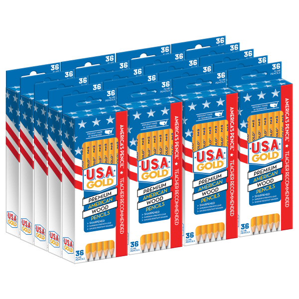 Cra-Z-Art U.S.A. Gold Sharpened Pencils, #2 Lead, Medium, Yellow, 36 Pencils Per Pack, Bundle Of 20 Packs