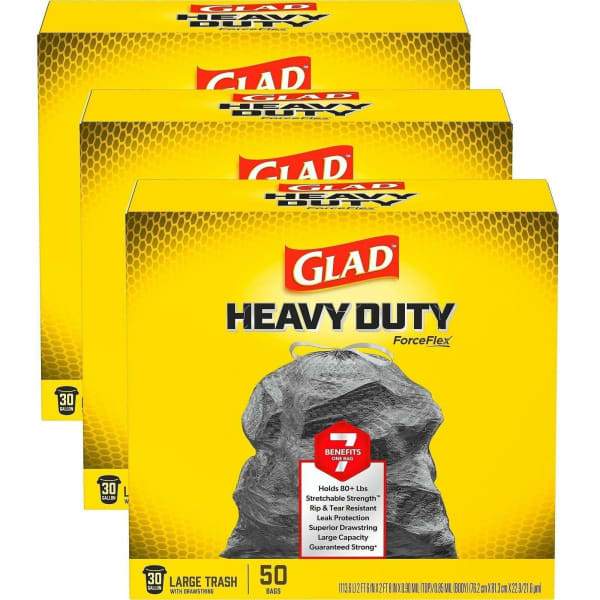 Glad ForceFlexPlus Drawstring Trash Bags, 30 Gallons, Black, 50 Per Box, Carton Of 3 Boxes