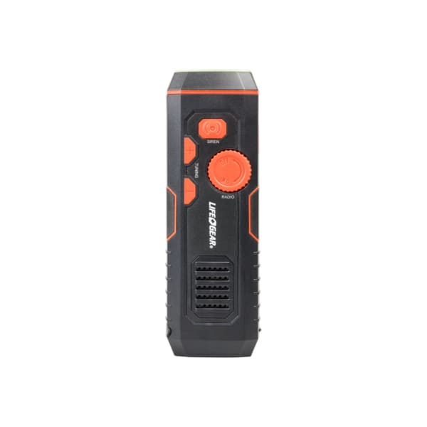 Life+Gear 120-Lumen Rechargeable Stormproof USB Crank Flashlight And Radio, 6-1/4in x 2in, Black/Red
