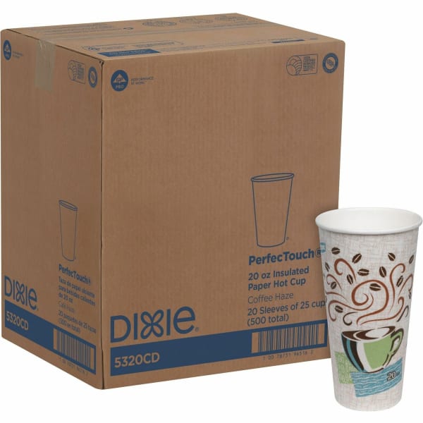 Dixie PerfecTouch 20 oz Insulated Paper Hot Coffee Cups by GP Pro - 20 fl oz - White, Green, Brown - Paper - Hot Drink - 25 Pack - 20 / Carton