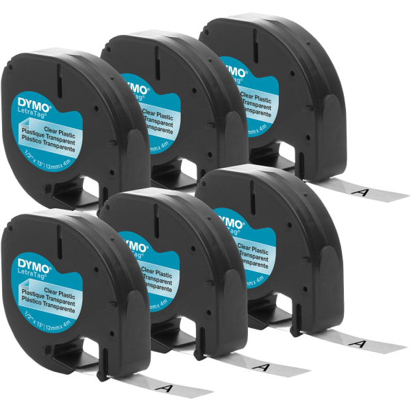 DYMO LetraTag Labelmaker Plastic Labels, 1/2inW x 13L , Clear, Pack Of 6