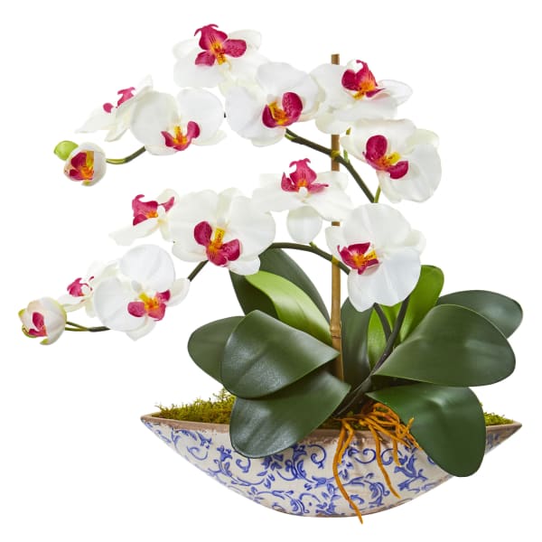 Nearly Natural Phalaenopsis Orchid 16inH Artificial Floral Arrangement With Vase, 16inH x 18-1/2inW x 9inD, White
