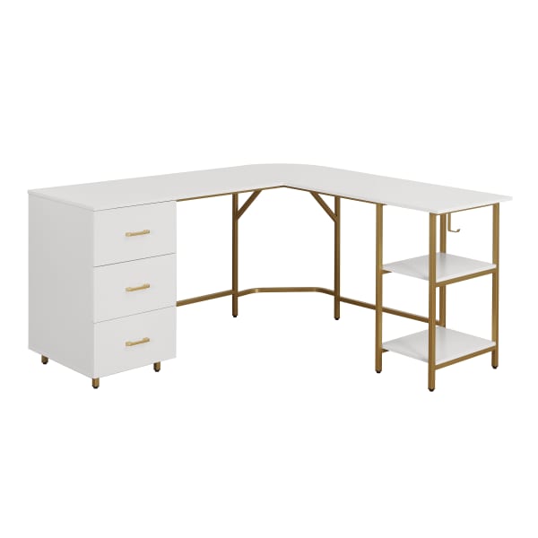 Techni Mobili 59inW L-Shaped 2-Tone Home Office Computer Desk With Storage, Gold