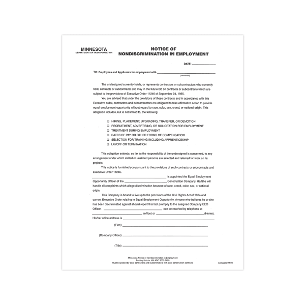 ComplyRight State Specialty Poster, Notice Nondiscrimination In Employment, English, Minnesota, 8-1/2in x 11in