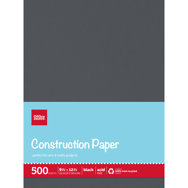 Office Depot Brand Construction Paper, 9in x 12in, 100% Recycled, Black, Pack Of 500 Sheets