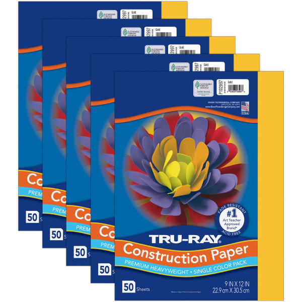 Tru-Ray Construction Paper, Heavyweight, 9in x 12in, Gold, 50 Sheets Per Pack, Set Of 5 Packs